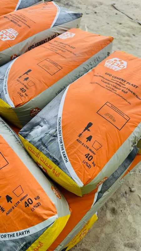 Bags of EPO CEMENT PLAST, a ready-mix plaster, on site
