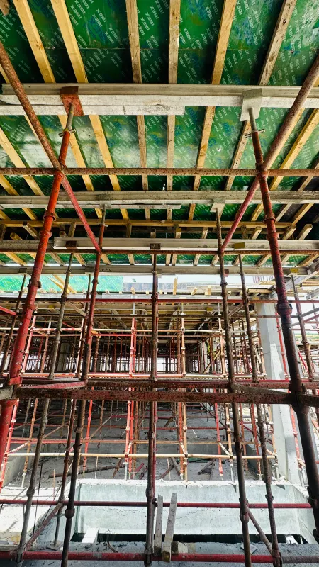 Looking up through the props and panels that carry the first-floor slab formwork
